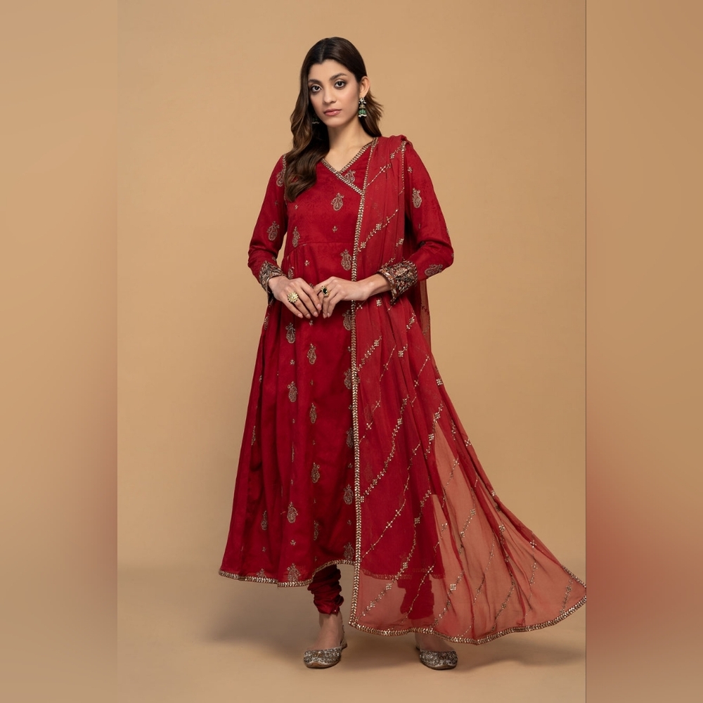 Maria B - Red Embroidered Anarkali 3 Piece Dress - Festive Wear - Pak & Indian